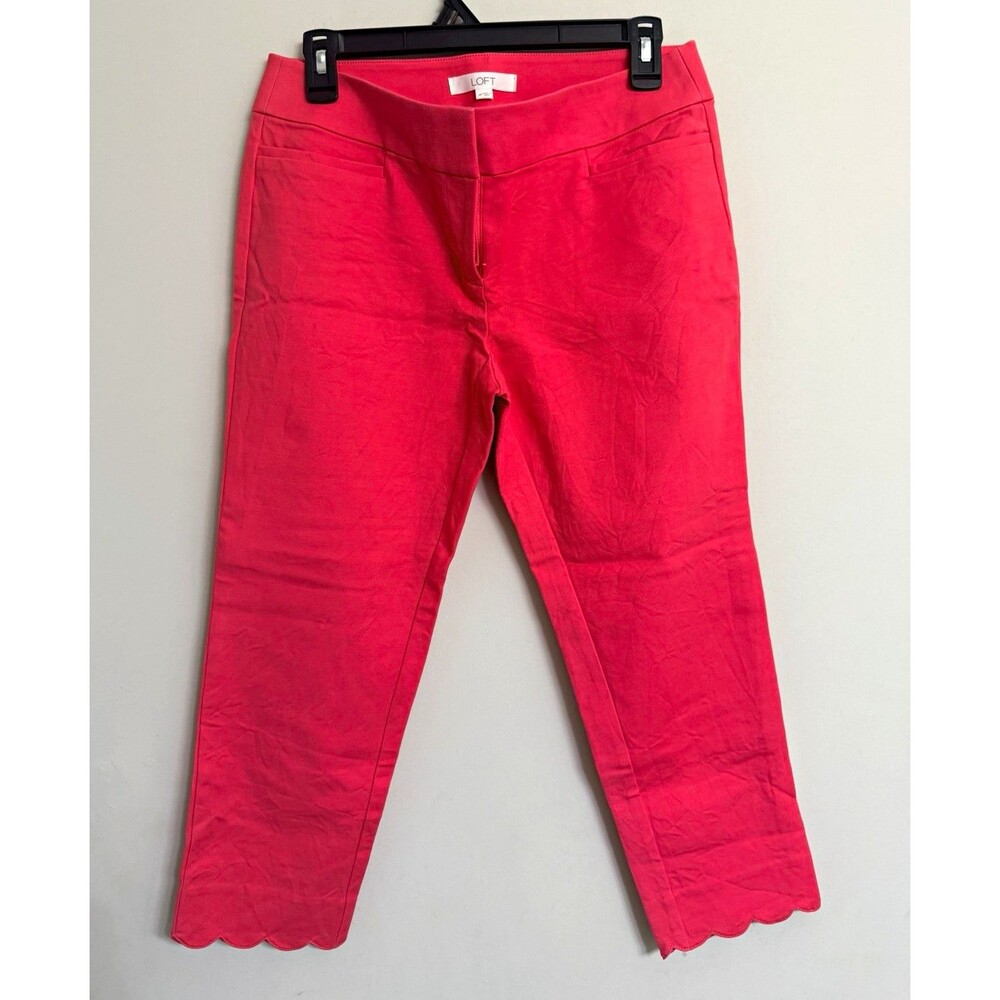 LOFT Women’s 4P Petite Cropped Capri Pants Coral Red Scalloped Hem Stretch